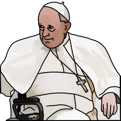 A drawing of Pope Francis, smiling and sitting in his wheelchair. He is partly turned to one side.